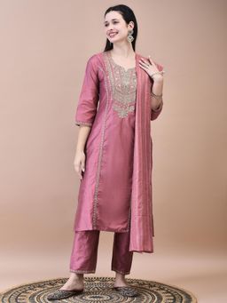 Shree - Women Poly Silk Pink Kurta with Trouser and Chanderi Dupatta (Set of 3)