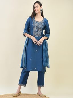 Shree - Women Poly Silk Blue Kurta with Trouser and Dupatta (Set of 3)