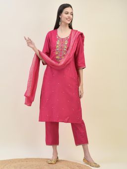 Shree - Women Poly Silk Fuchsia Kurta with Trouser and Dupatta (Set of 3)