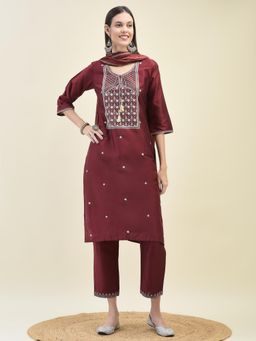 Shree - Women Poly Silk Maroon Kurta with Trouser and Dupatta (Set of 3)