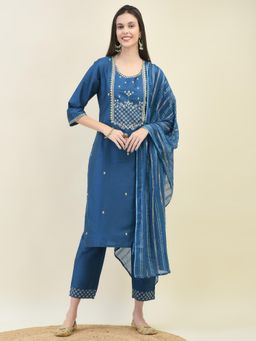 Shree - Women Poly Silk Blue Kurta with Trouser and Dupatta (Set of 3)