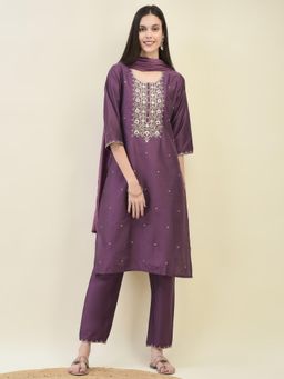Shree - Women Poly Silk Purple Kurta with Trouser and Dupatta (Set of 3)