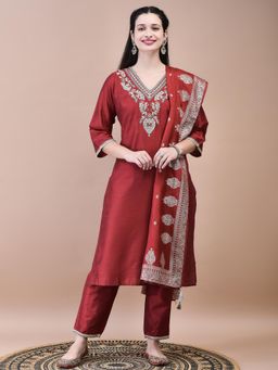 Shree - Women Poly Silk Maroon Kurta and Trouser with Dola Dupatta (Set of 3)