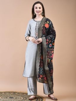 Shree - Women Poly Silk Grey Kurta with Comfort Pant with Dupatta (Set of 3)