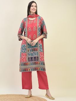 Shree - Women Liva Red Ornamental Print Kurta with Comfort Pant and Dupatta (Set of 3)