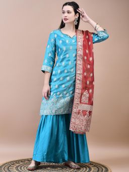 Shree - Women Dola Blue Woven Kurta with Sharara and Dupatta (Set of 3)