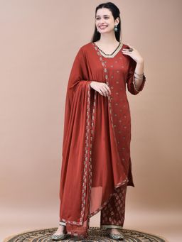 Shree - Women Liva Red Butti Print Kurta with Comfort Pant and Dupatta (Set of 3)