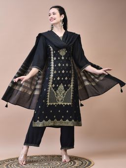 Shree - Women Dola Black Woven Kurta with Comfort Pant and Dupatta (Set of 3)