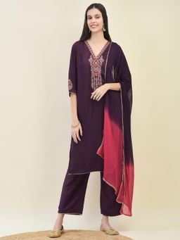 Shree - Women Silk Purple Kurta with Comfort Pant and Dupatta (Set of 3)