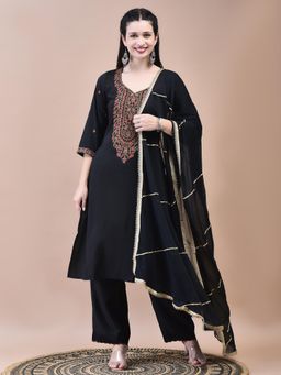 Shree - Women Liva Black Kurta with Comfort Pant and Dupatta (Set of 3)