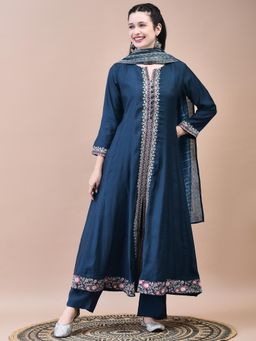 Shree - Women Blue Kurta with Comfort Pant and Chanderi Dupatta (Set of 3)