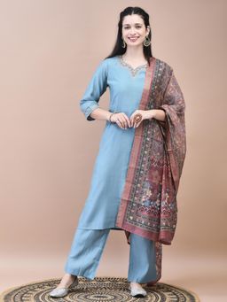 Shree - Women Blue Kurta with Comfort Pant and Chanderi Dupatta (Set of 3)