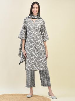 Shree - Women Black Floral Print Kurta with Comfort Pant and Dupatta (Set of 3)