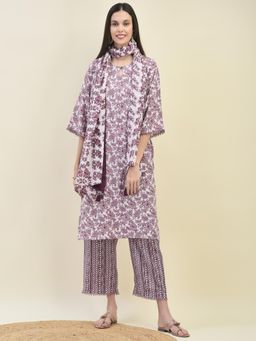 Shree - Women Lavender Floral Print Kurta with Comfort Pant and Dupatta (Set of 3)