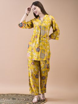 Shree - Women Liva Yellow Floral Print Co-Ord (Set of 2)