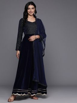 Libas - Blue Velvet Anarkali Kurta with Silk Blend Trouser and Net Dupatta (Set of 3)