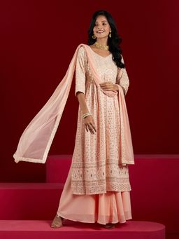 Libas Art - Peach Georgette High Slit Kurta with Palazzo and Net Dupatta (Set of 3)