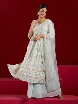 Libas Art - Blue Georgette High Slit Kurta with Palazzo and Net Dupatta (Set of 3)