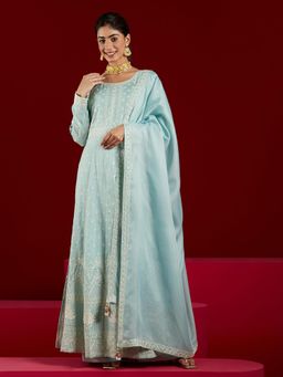 Libas Art - Dusty Blue Pure Silk Kurta with Palazzos and Kota Doria Net Dupatta (Set of 3)