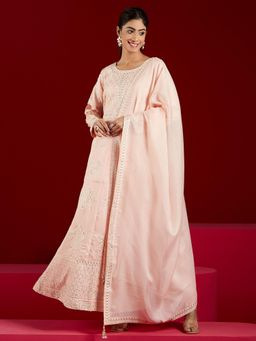 Libas Art - Peach Pure Silk Kurta with Trousers and Kota Doria Net Dupatta (Set of 3)
