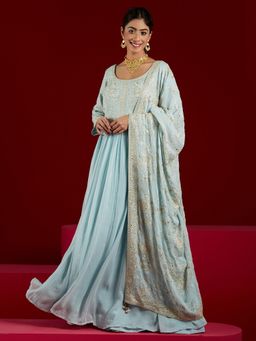 Libas Art - Blue Pure Georgette Yoke Padded Kurta and Trousers with Dupatta (Set of 3)