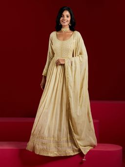 Libas Art - Pale Olive Green Georgette Yoke Kurta with Trousers and Dupatta (Set of 3)