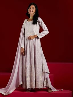 Libas Art - Lavender Pure Kurta with Solid Palazzo and Kota Doria Net Dupatta (Set of 3)