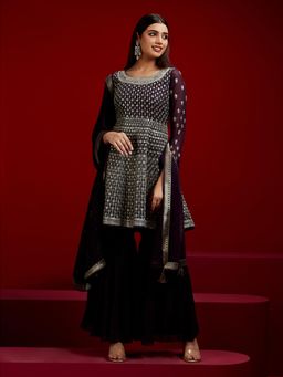 Libas - Purple Georgette A-Line Kurta with Sharara and Dupatta (Set of 3)