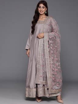 Libas Art - Grey Pure Anarkali Kurta and Grey Silk Blend Trouser with Dupatta (Set of 3)
