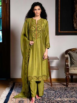 Ganga Fashions - Green Olive Raw Silk Festive Kurta with Pant and Dupatta (Set of 3)