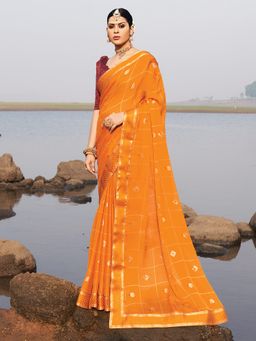 Akhilam - Women Chiffon Mustard Embellished Celebrity Saree with Unstitched Blouse