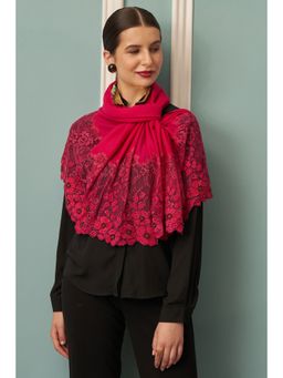 MAULI CASHMERE - Floral Inset Embroidered Fine Merino Wool Stole