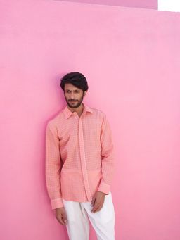 Abhishti - Peach Classic Collar Self Check Shirt
