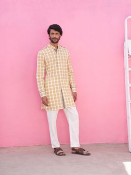 Abhishti - Mandarin Collar Yellow Plaid Checks Kurta