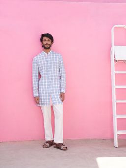Abhishti - Mandarin Collar Blue Plaid Checks Kurta
