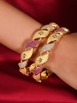 Ratnavali Jewels - Gold Plated White Pink American Diamond Golden Frost Kada Bangles (Set of 2)