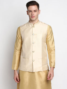 Devoiler - Men Cream Coloured Woven Design Nehru Jacket