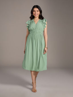 Twenty Dresses by Nykaa Fashion - Sage Green Solid Ruffled Midi Dress