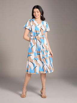 Twenty Dresses by Nykaa Fashion - Multicolor Abstract Front Slit Midi Dress with Belt (Set of 2)