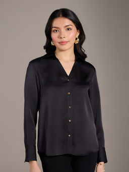 Twenty Dresses by Nykaa Fashion - Black Solid V Neck Collared Full Sleeves Shirt