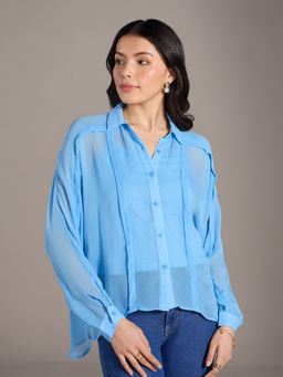 Twenty Dresses by Nykaa Fashion - Light Blue Solid Pleated Full Sleeves Shirt