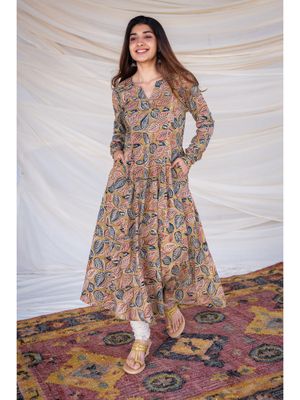 Yellow - Kalamkari Printed Cotton A-Line Kurta 17