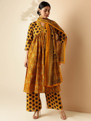 Mustard Floral Printed Lace Straight Kurta with Palazzo and Dupatta Set