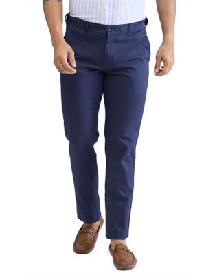 Buy ColorPlus Slim Fit Solid Dark Blue Casual Trouser online