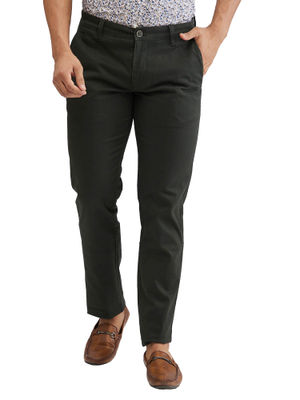 Buy Parx Tapered Fit Solid Dark Green Casual Trouser online