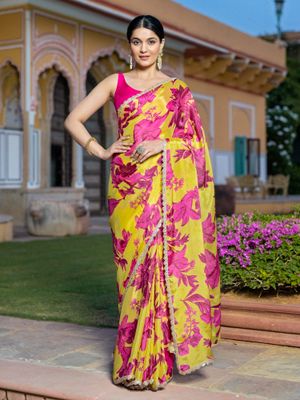 Women's chinnon Yellow Printed Designer Saree With Blouse Piece