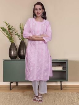 Seva Chikan - Hand Embroidered Pink Terivoil Cotton Lucknowi Chikankari Kurta