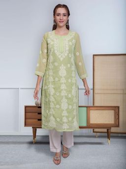 Seva Chikan - Hand Embroidered Green Georgette Lucknowi Chikankari Kurta with Inner (Set of 2)