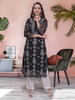 Seva Chikan - Hand Embroidered Black Georgette Lucknowi Chikankari Kurta with Inner (Set of 2)