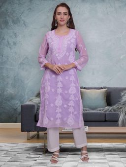 Seva Chikan - Hand Embroidered Mauve Georgette Lucknowi Chikankari Kurta with Inner (Set of 2)
